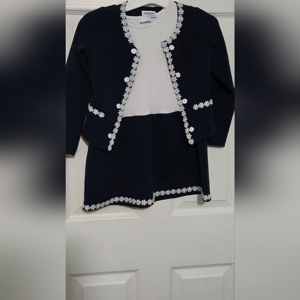 Blueberi Boulevard 6 Girls 2pc White  Blue Matching Dress& Cardigan